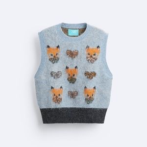 Zara x Harry Lambert JACQUARD KNIT VEST - Kitten print - Size Small